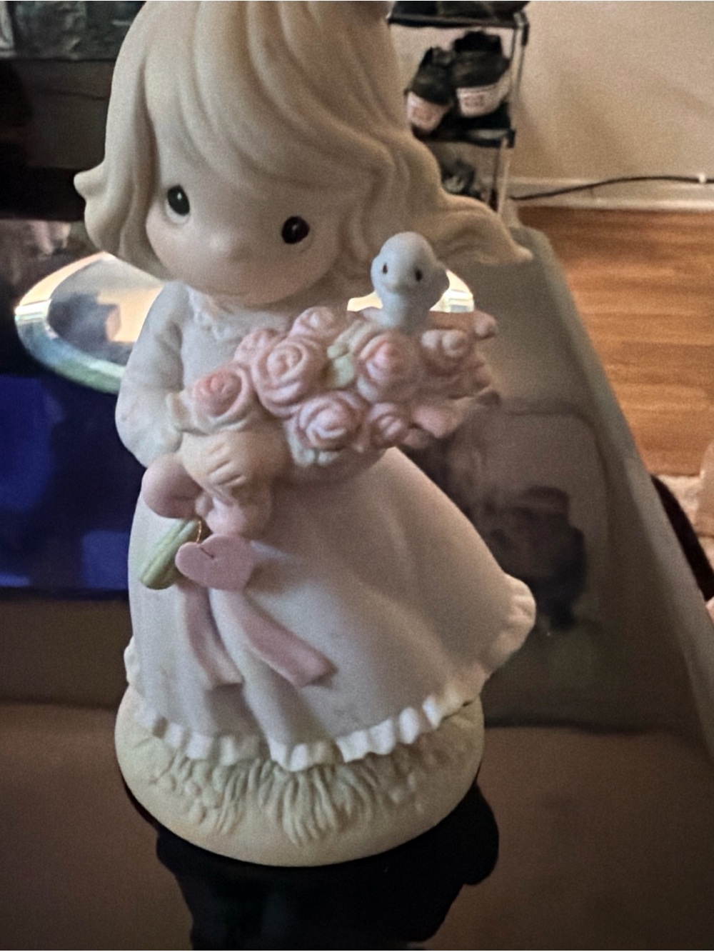 Precious Moments Cream and Pink Girl Figurine Holding Pink Roses